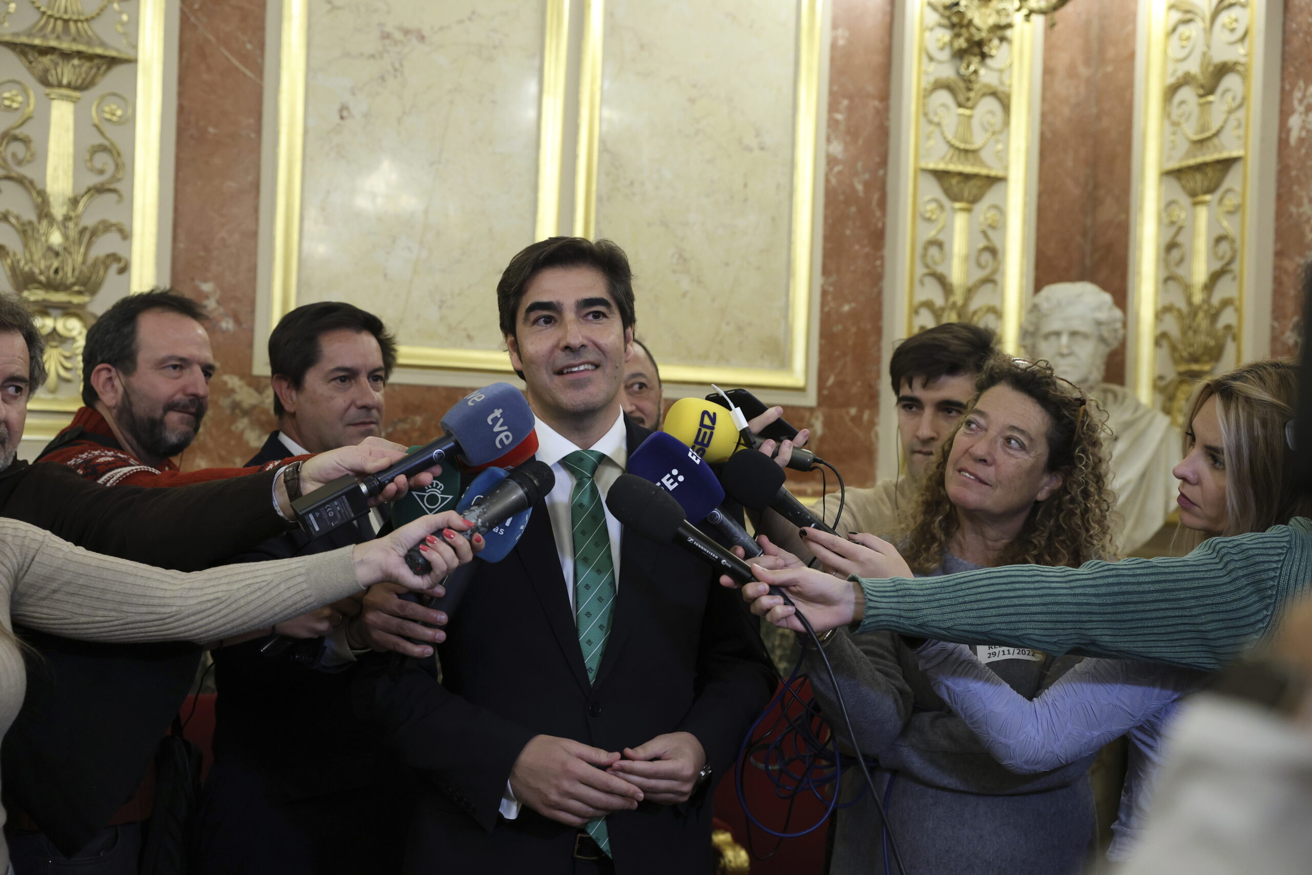 The president of Real Betis Balompié, Ángel Haro, gives statements to the media during his visit to the Congress of Deputies, on November 29, 2022, in Madrid (Spain). During the event, the 'Foro Bético de las Cortes', founded by numerous deputies, senators, advisors, parliamentary workers and journalists who cover parliamentary news, was presented. This Forum was created to seek dialogue and consensus beyond the different political sensitivities, with sport and love for Real Betis Balompié as links. NOVEMBER 29;2022;CONGRESS;SOCCER;FORUM;BETIS;SEVILLA;REAL BETIS BALOMPIÉ Marta Fernández Jara / Europa Press 11/29/2022 (Europa Press via AP)