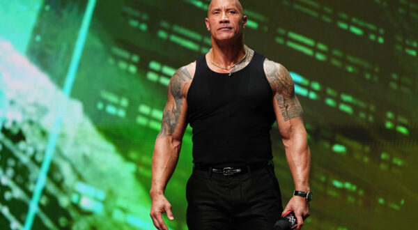 LAS VEGAS, NV - FEBRUARY 08: Dwayne "The Rock" Johnson, Ten-Time WWE World Champion during the WWE Wrestlemania XL Kickoff on February 08, 2024, at T-Mobile Arena in Las Vegas, NV. (Photo by Louis Grasse/PXimages/Icon Sportswire) (Icon Sportswire via AP Images)