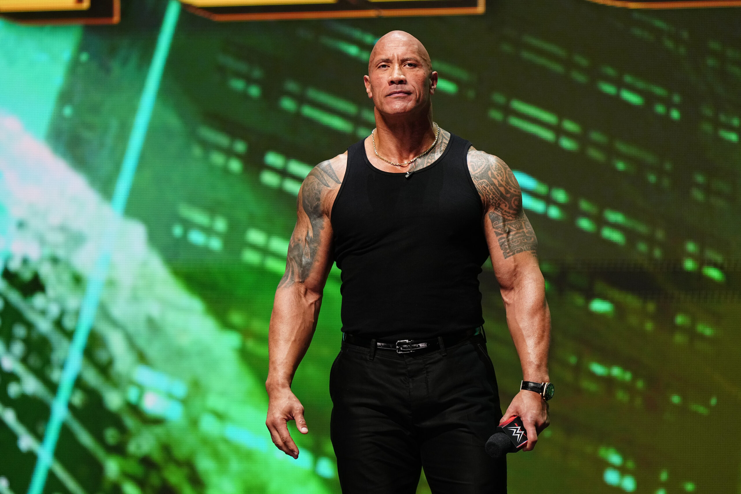 LAS VEGAS, NV - FEBRUARY 08: Dwayne "The Rock" Johnson, Ten-Time WWE World Champion during the WWE Wrestlemania XL Kickoff on February 08, 2024, at T-Mobile Arena in Las Vegas, NV. (Photo by Louis Grasse/PXimages/Icon Sportswire) (Icon Sportswire via AP Images)