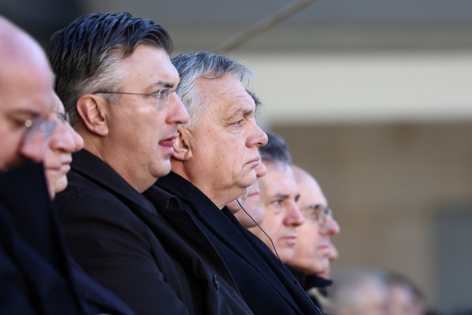 epa11058460 Croatia's Prime Minister Andrej Plenkovic (C-L), Hungary's Prime Minister Viktor Orban (C) and officials attend a national tribute ceremony for late French politician and former European Commission President Jacques Delors in the courtyard of the Hotel des Invalides in Paris, France, 05 January 2024. The former European Commission President and architect of the modern EU has died at age 98, his family announced on 27 December 2023.  EPA/STEPHANIE LECOCQ / POOL  MAXPPP OUT