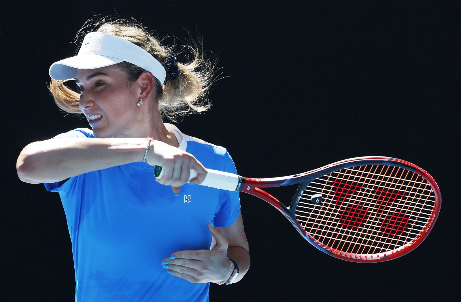 epa11078602 Donna Vekic of Croatia in action during the Women's 1st round match against Anastasia Pavlyuchenkova of Russia at the Australian Open tennis tournament in Melbourne, Australia, 15 January 2024.  EPA/MAST IRHAM