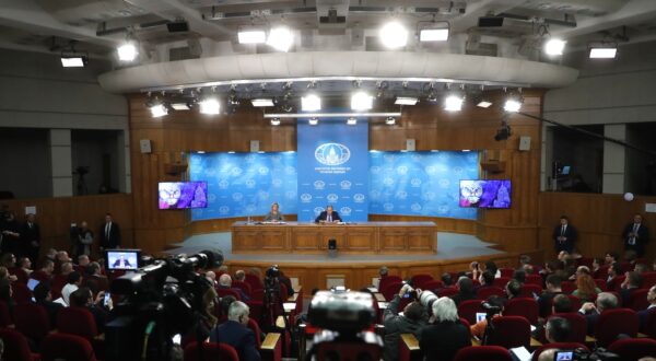 epa11086842 Russian Foreign Minister Sergei Lavrov (R) and Foreign Ministry's Spokeswoman Maria Zakharova (L) attend an annual news conference in Moscow, Russia, 18 January 2024. Lavrov gave a press conference on the results of Russian diplomacy in 2023.  EPA/MAXIM SHIPENKOV