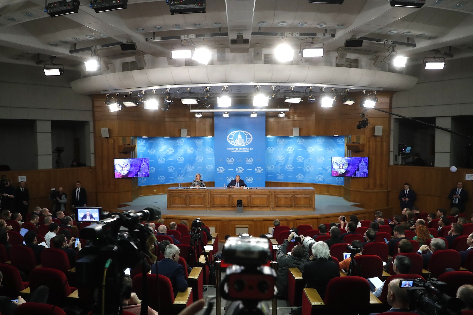 epa11086842 Russian Foreign Minister Sergei Lavrov (R) and Foreign Ministry's Spokeswoman Maria Zakharova (L) attend an annual news conference in Moscow, Russia, 18 January 2024. Lavrov gave a press conference on the results of Russian diplomacy in 2023.  EPA/MAXIM SHIPENKOV