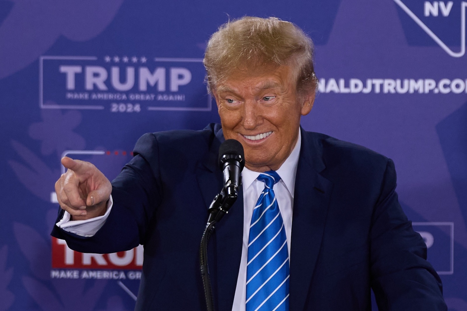 epa11109355 Republican presidential candidate former President Donald J. Trump speaks during his Commit to Caucus Event at Big League Dreams in Las Vegas, Nevada, USA, 27 January 2024. The Nevada GOP Caucus will take place on 08 February 2024.  EPA/ALLISON DINNER