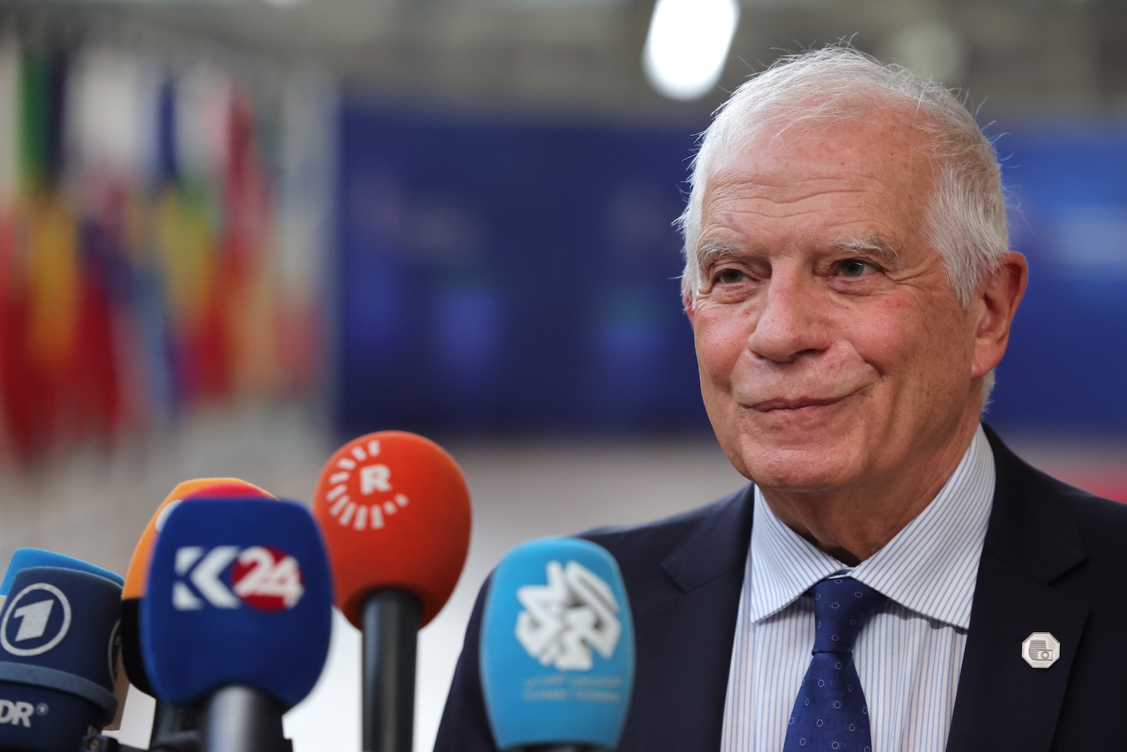 epa11117494 High Representative of the Union for Foreign Affairs and Security Policy Josep Borrell Fontelles arrives for a Special European Council in Brussels, Belgium, 01 February 2024. EU leaders gather in Brussels to discuss the mid-term revision of the EU's long-term budget for 2021-2027, including support to Ukraine.  EPA/OLIVIER MATTHYS