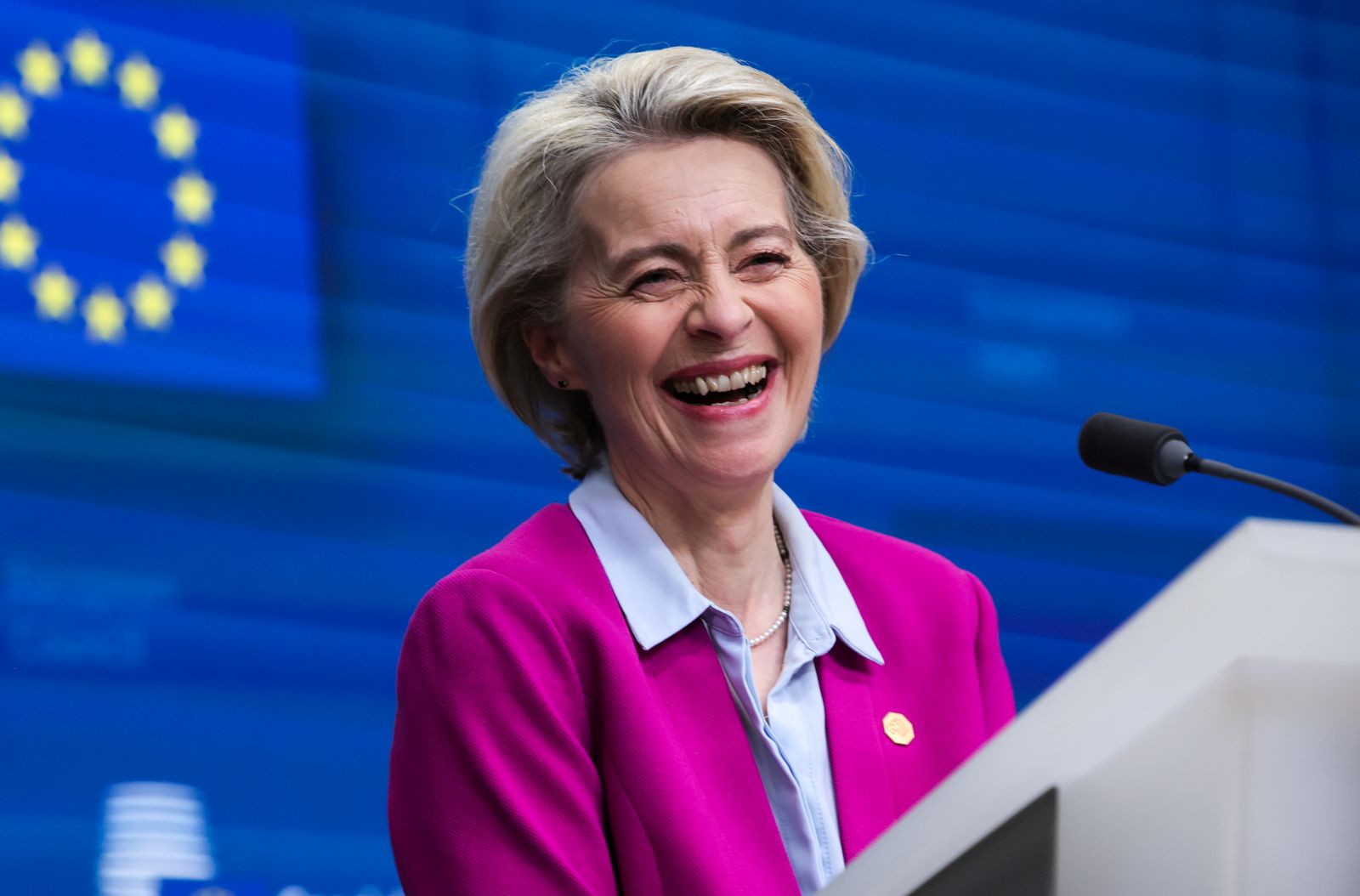 epa11118298 EU Commission President Ursula von der Leyen reacts at a press conference on the Special European Council in Brussels, Belgium, 01 February 2024. EU leaders gather in Brussels to discuss the mid-term revision of the EU's long-term budget for 2021-2027, including support to Ukraine.  EPA/OLIVIER MATTHYS