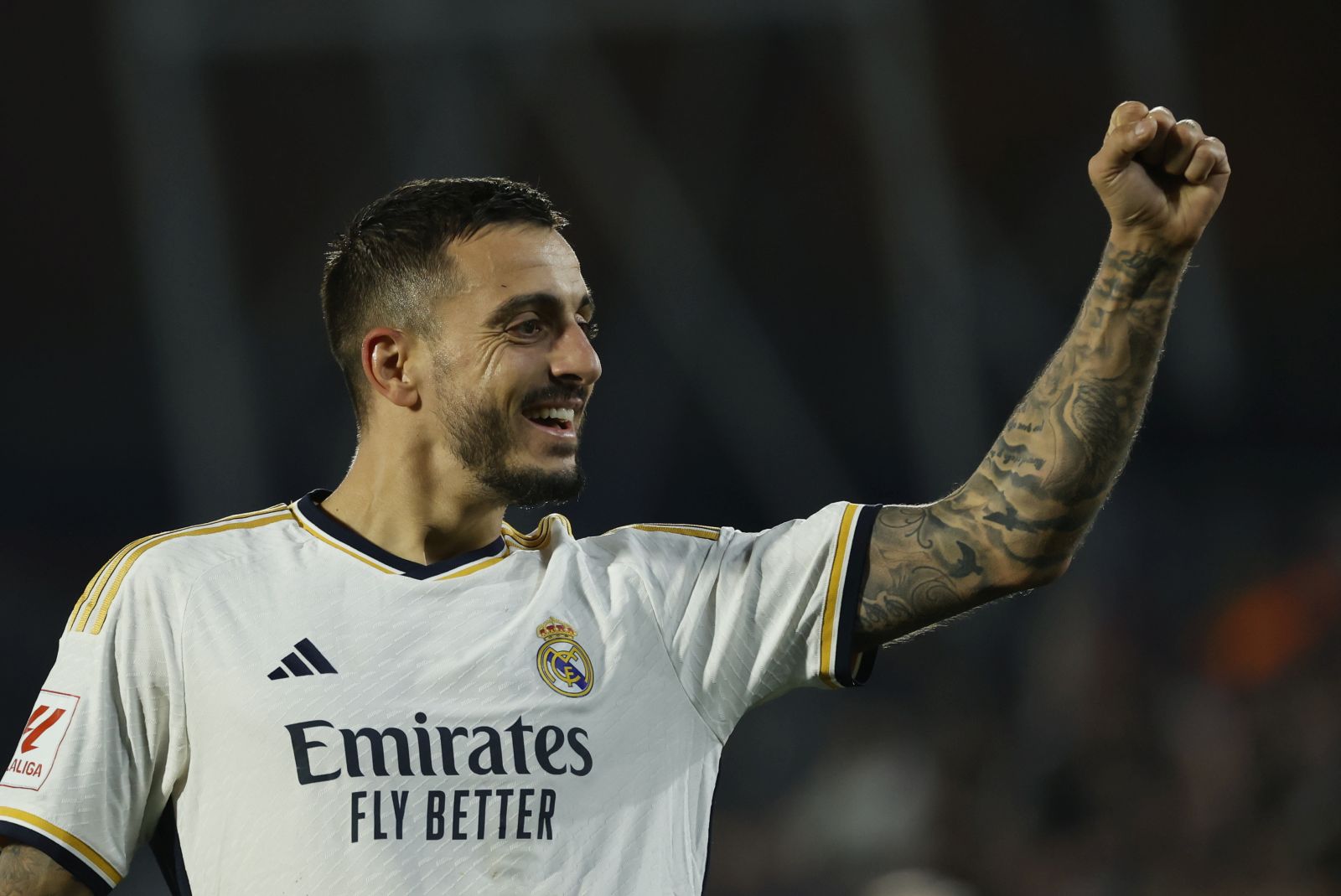 epa11118936 Real Madrid's striker Joselu celebrates after scoring the 0-2 goal during the Spanish LaLiga soccer match between Getafe CF and Real Madrid, in Madrid, Spain, 01 February 2024.  EPA/JUANJO MARTIN