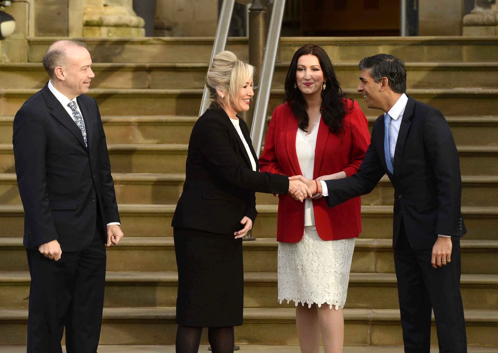 epa11128613 (L-R) Secretary of State for Northern Ireland Chris Heaton-Harris, First Minister for Northern Ireland Michelle O'Neill of Sinn Fein, Deputy First Minister Emma Little-Pengelly of the Democratic Unionist Party (DUP) and British Prime Minister Rishi Sunak meet at Stormont, Belfast, Northern Ireland, Britain, 05 February 2024. The British prime minister and Irish taoiseach are in Belfast to mark the return of devolved government in Northern Ireland. The Stormont Assembly was restored on 03 February 2024 after a two year hiatus caused by the Democratic Unionist Party (DUP) who paused business at the Assembly in protest at post-Brexit trading arrangements.  EPA/MARK MARLOW