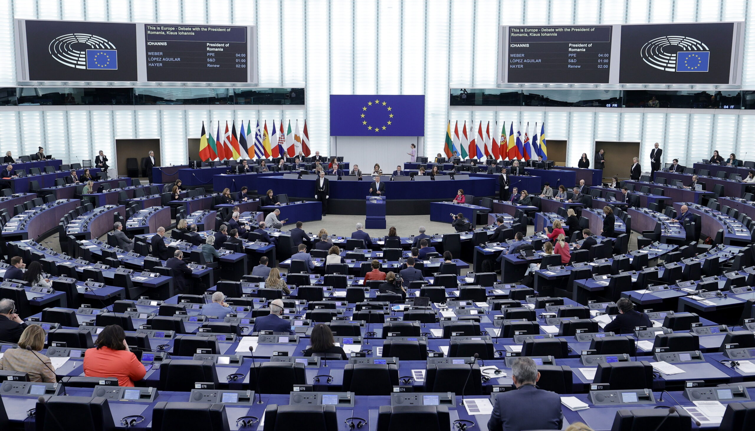 epa11133452 President of Romania Klaus Iohannis speaks during a debate on 'This is Europe - Debate with the President of Romania' at the European Parliament in Strasbourg, France, 07 February 2024. The EU Parliament's session runs from 05 till 08 February 2024.  EPA/RONALD WITTEK