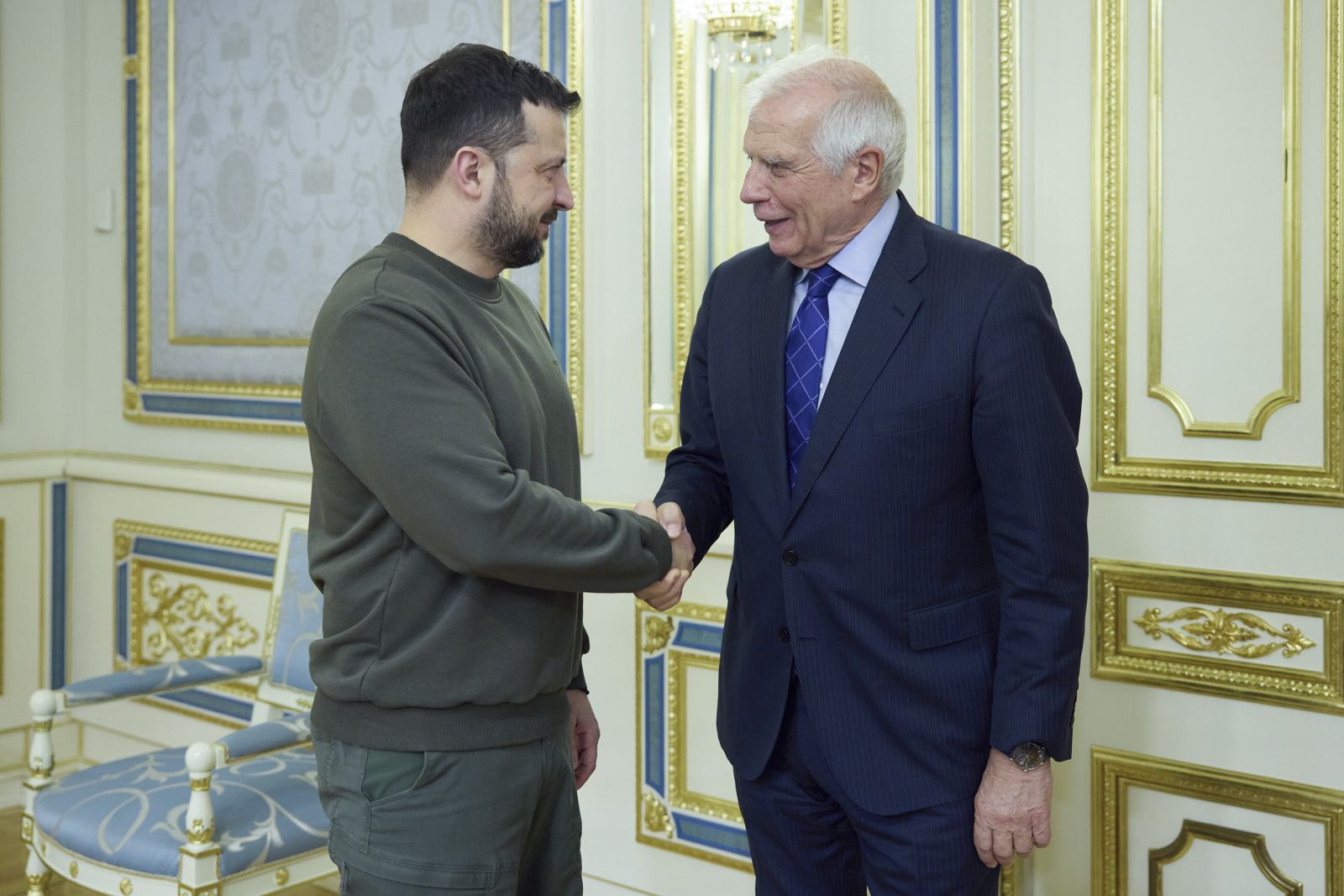 epa11134633 A handout photo made available by the Ukrainian Presidential Press Service shows Ukrainian President Volodymyr Zelensky (L) meeting with the High Representative of the European Union for Foreign Affairs and Security Policy Josep Borrell (R) in Kyiv, Ukraine, 07 February 2024. Borrell arrived in Kyiv to meet with top Ukrainian officials amid the ongoing Russian invasion.  EPA/UKRAINIAN PRESIDENTIAL PRESS SERVICE HANDOUT -- MANDATORY CREDIT: UKRAINIAN PRESIDENTIAL PRESS SERVICE --  HANDOUT EDITORIAL USE ONLY/NO SALES HANDOUT EDITORIAL USE ONLY/NO SALES