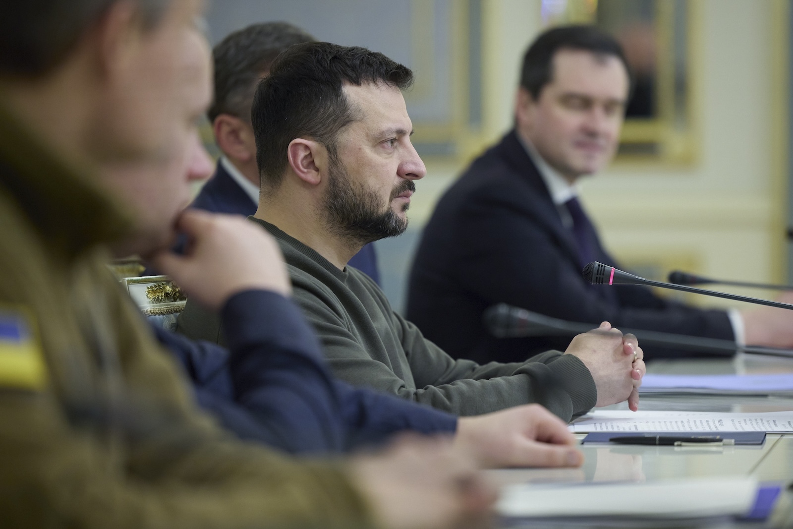 epa11134635 A handout photo made available by the Ukrainian Presidential Press Service shows Ukrainian President Volodymyr Zelensky (C) attending a meeting with the High Representative of the European Union for Foreign Affairs and Security Policy Josep Borrell (not pictured) in Kyiv, Ukraine, 07 February 2024. Borrell arrived in Kyiv to meet with top Ukrainian officials amid the ongoing Russian invasion.  EPA/UKRAINIAN PRESIDENTIAL PRESS SERVICE HANDOUT -- MANDATORY CREDIT: UKRAINIAN PRESIDENTIAL PRESS SERVICE --  HANDOUT EDITORIAL USE ONLY/NO SALES HANDOUT EDITORIAL USE ONLY/NO SALES