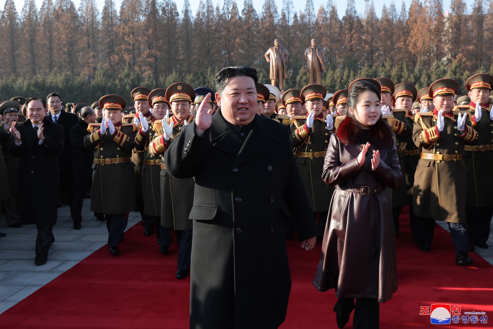 epa11138335 A photo released by the official North Korean Central News Agency (KCNA) on 09 February 2024 shows North Korean leader Kim Jong Un and his daughter Kim Ju Ae attending a banquet celebrating the 76th anniversary of the founding of the Korean People's Army (KPA) in Pyongyang, North Korea, 08 February 2024. North Korea marks the 76th anniversary of the founding of its military on 08 February with a visit to the Ministry of National Defence and a banquet attended by North Korean leader Kim Jong Un and his daughter.  EPA/KCNA   EDITORIAL USE ONLY  EDITORIAL USE ONLY