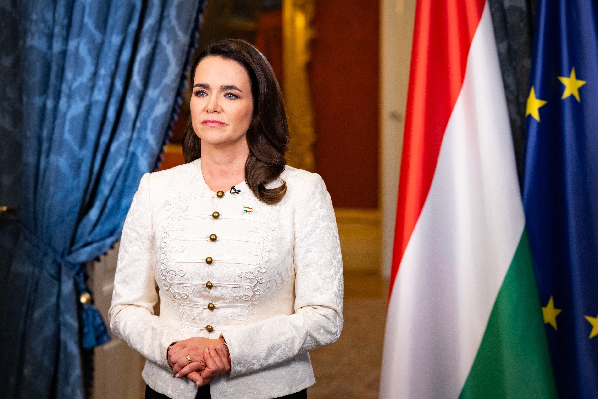 epa11143181 A handout photo made available by the Hungarian presidential Alexander Palace, of Hungarian President Katalin Novak delivering her speech in the Alexander Palace in Budapest, Hungary, 10 February 2024. Hungarian President Katalin Novak resigned on 10 February 2024.  EPA/HANDOUT  HANDOUT EDITORIAL USE ONLY/NO SALES HANDOUT EDITORIAL USE ONLY/NO SALES