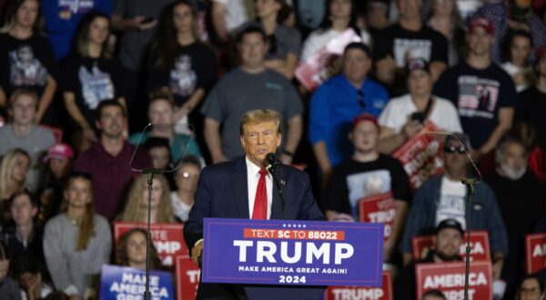 epa11143428 Former President Donald J. Trump speaks during the 'Get Out The Vote' rally and campaign event at Coastal Carolina University in Conway, South Carolina, USA, 10 February 2024. South Carolina is holding its Republican presidential primary on 24 February 2024 and voters will be choosing between Trump and former South Carolina Governor Nikki Haley.  EPA/RANDALL HILL