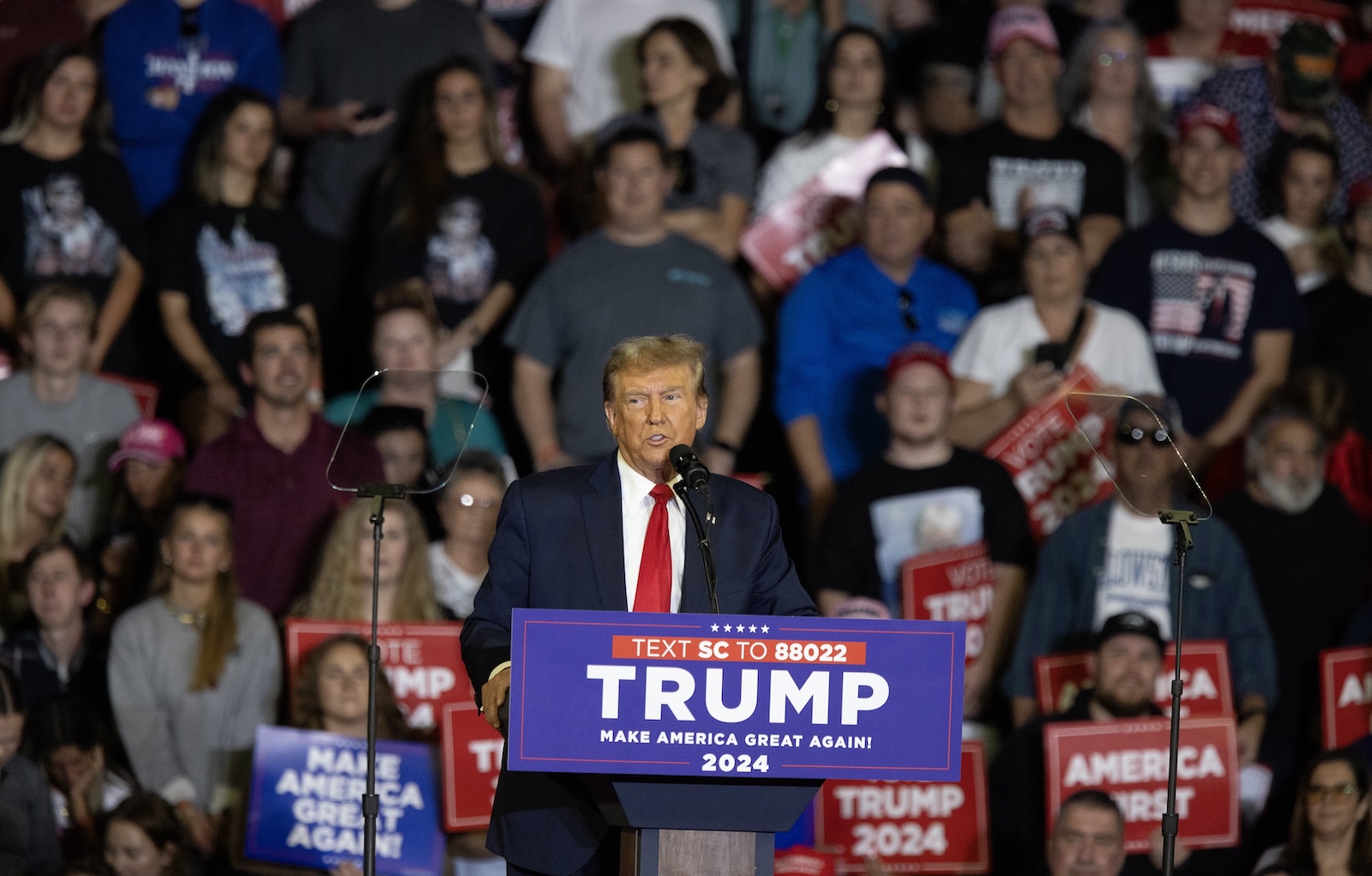 epa11143428 Former President Donald J. Trump speaks during the 'Get Out The Vote' rally and campaign event at Coastal Carolina University in Conway, South Carolina, USA, 10 February 2024. South Carolina is holding its Republican presidential primary on 24 February 2024 and voters will be choosing between Trump and former South Carolina Governor Nikki Haley.  EPA/RANDALL HILL