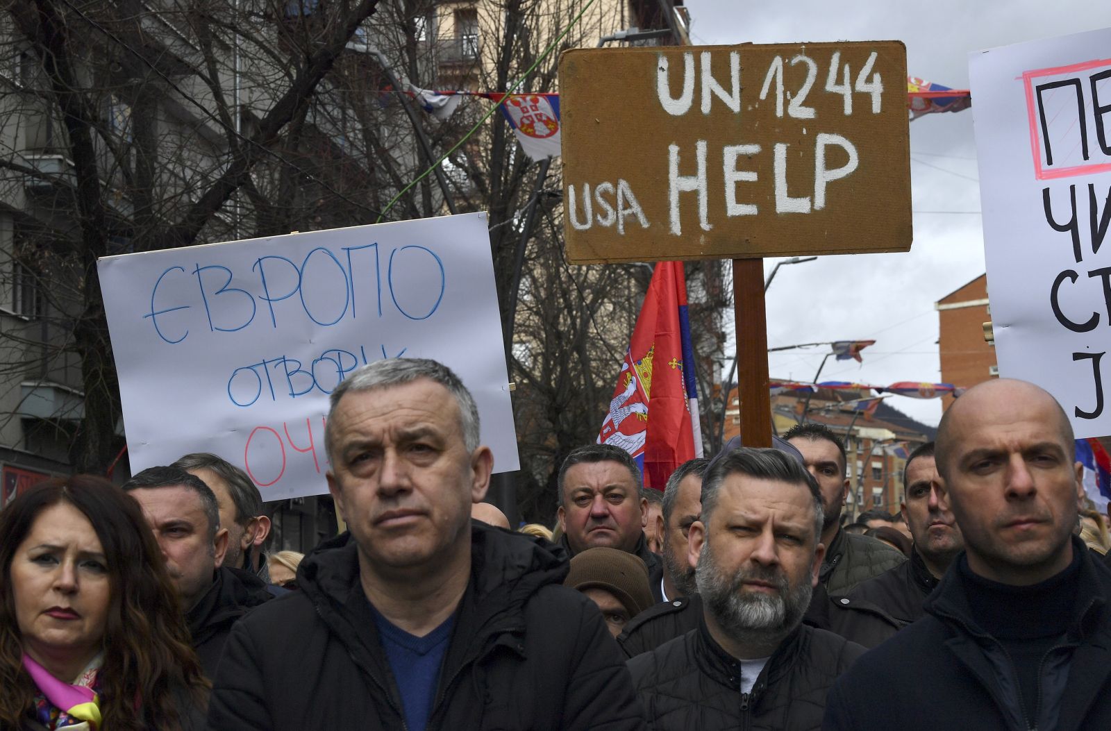 epa11147504 Ethnic Serbs take part in a protest against Kosovo's Central Bank decision to enforce Euro-only cash transactions, in North Mitrovica, Kosovo, 12 February 2024. The Central Bank's ordinance indicates that the euro is the only means of payment in Kosovo and that, in this regard, every transaction should be in euros as the only official currency in Kosovo. Kosovo Serbs see the mandate as an attempt to cut off payments such as pensions, tuition, and salaries made by the Republic of Serbia in Serbian currency, the dinar.  EPA/GEORGI LICOVSKI