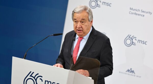 epa11157880 UN Secretary General Antonio Guterres attends a panel discussion during the 'Bayerischer Hof' hotel, the venue of the 60th Munich Security Conference (MSC), in Munich, Germany, 16 February 2024. More than 500 high-level international decision-makers meet at the 60th Munich Security Conference in Munich during their annual meeting from 16 to 18 February 2024 to discuss global security issues.  EPA/ANNA SZILAGYI