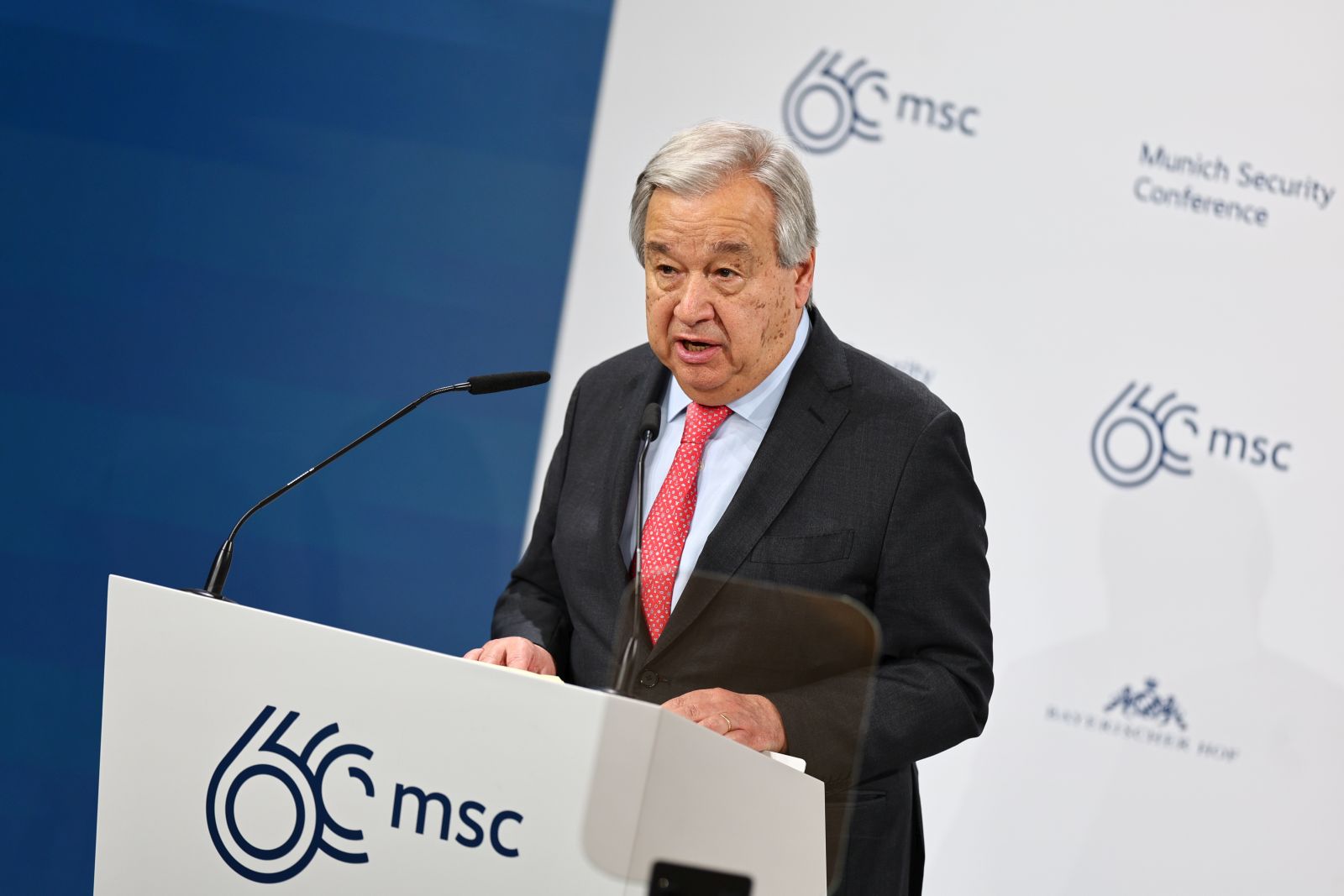 epa11157880 UN Secretary General Antonio Guterres attends a panel discussion during the 'Bayerischer Hof' hotel, the venue of the 60th Munich Security Conference (MSC), in Munich, Germany, 16 February 2024. More than 500 high-level international decision-makers meet at the 60th Munich Security Conference in Munich during their annual meeting from 16 to 18 February 2024 to discuss global security issues.  EPA/ANNA SZILAGYI