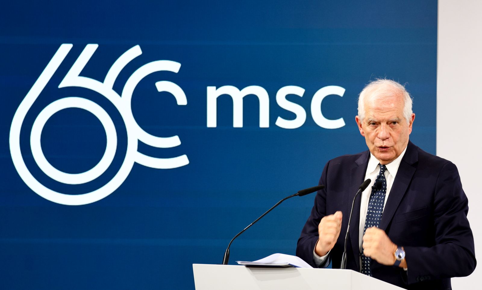 epa11162977 High Representative of the European Union for Foreign Affairs and Security Policy, Josep Borrell speaks at the 60th Munich Security Conference (MSC), in Munich, Germany, 18 February 2024. More than 500 high-level international decision-makers meet at the 60th Munich Security Conference in Munich during their annual meeting from 16 to 18 February 2024 to discuss global security issues.  EPA/ANNA SZILAGYI