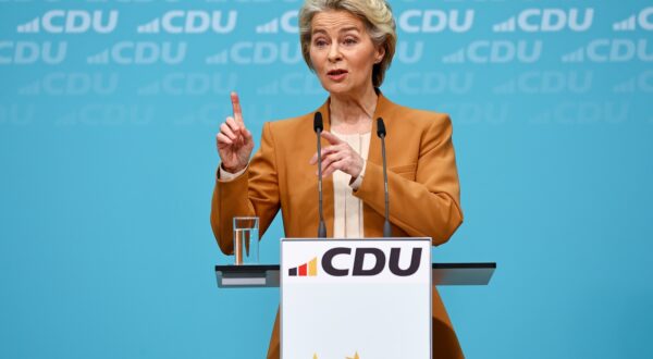epa11166008 European Commission President Ursula von der Leyen attends a press conference as the Christian Democratic Union (CDU) party announces their candidate for the European elections, in Berlin, Germany, 19 February 2024. Ursula von der Leyen announced her bid to run for a second term as EU Commission president.  EPA/FILIP SINGER