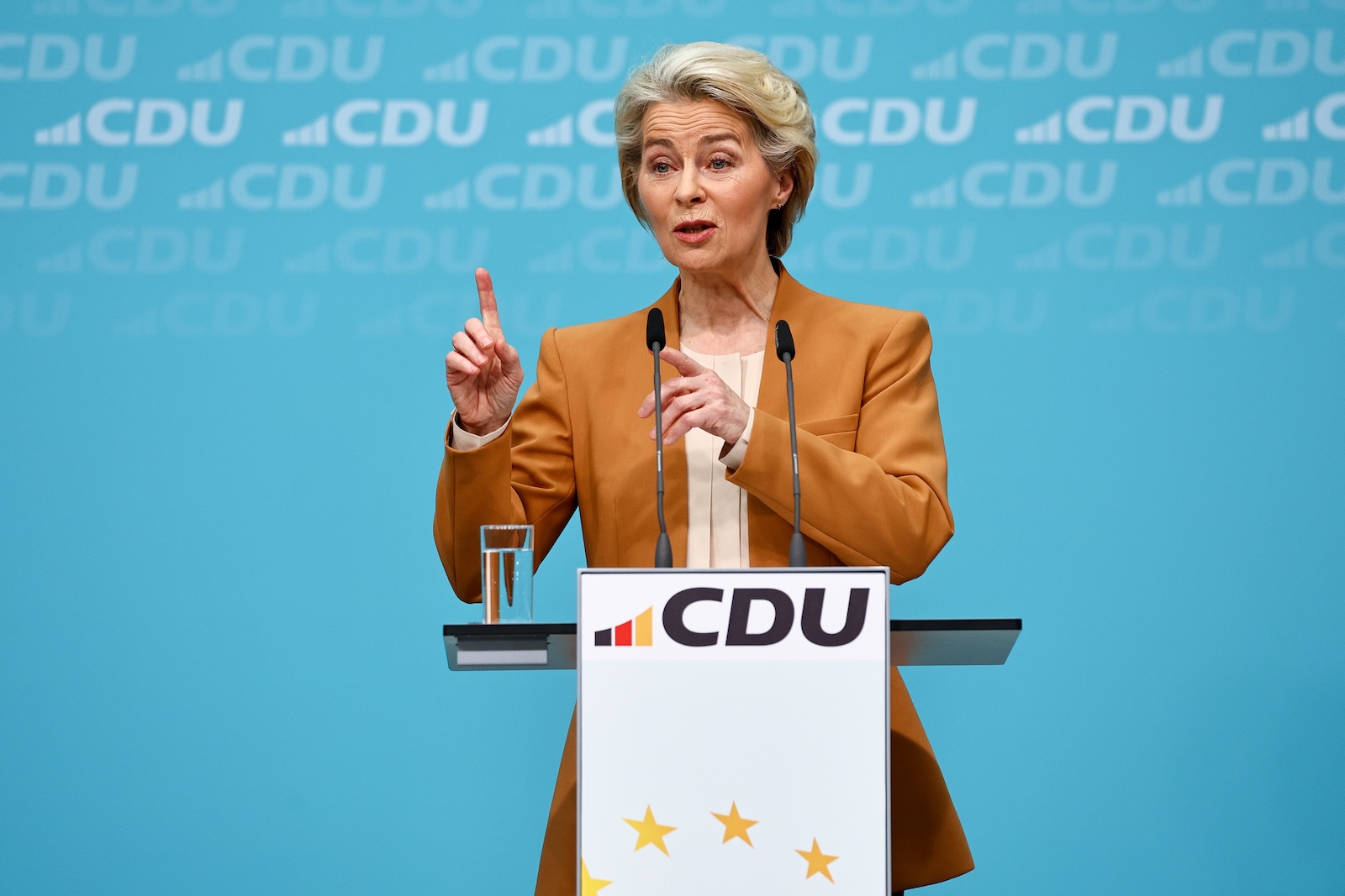 epa11166008 European Commission President Ursula von der Leyen attends a press conference as the Christian Democratic Union (CDU) party announces their candidate for the European elections, in Berlin, Germany, 19 February 2024. Ursula von der Leyen announced her bid to run for a second term as EU Commission president.  EPA/FILIP SINGER