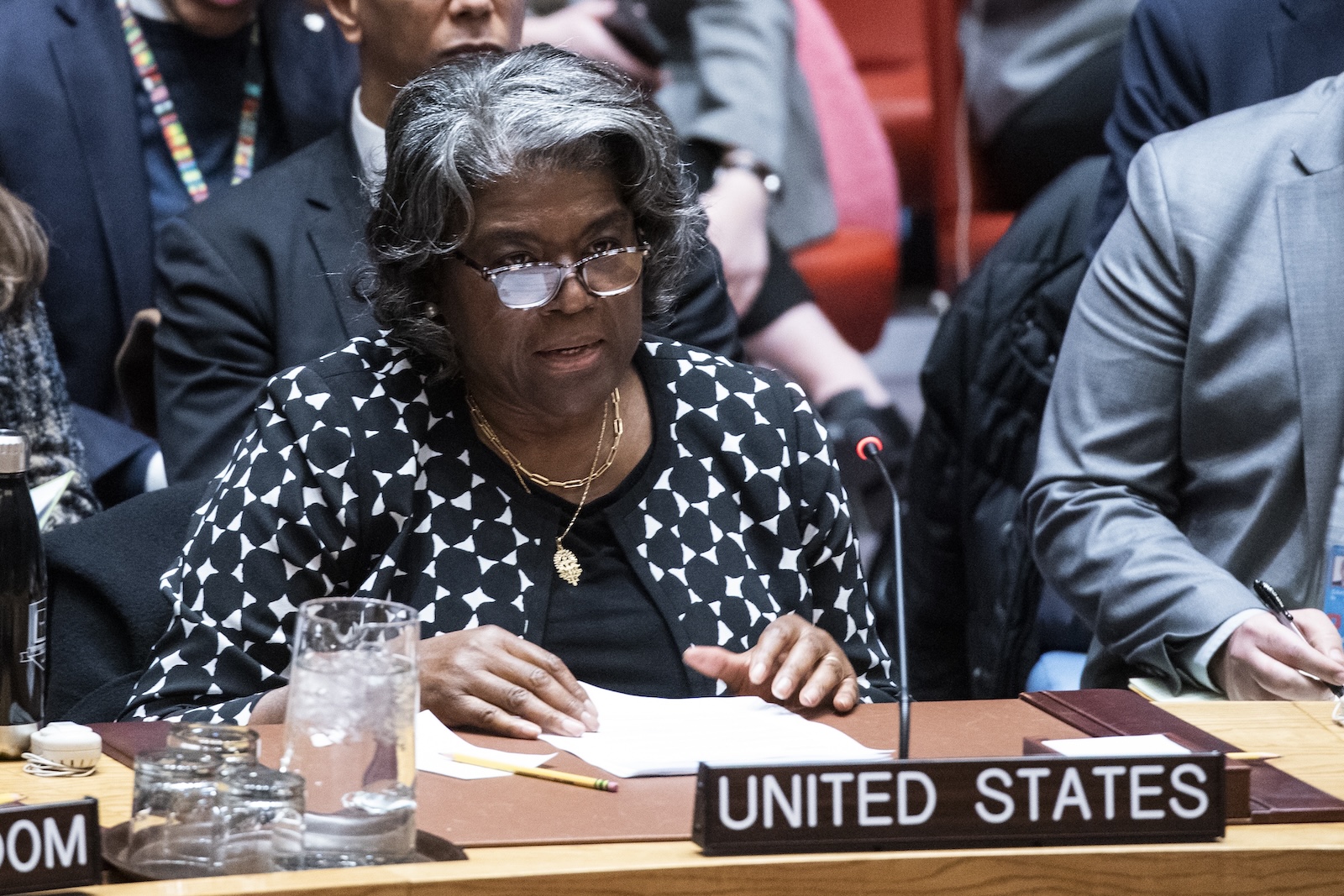 epa11168105 United States Ambassador Linda Thomas-Greenfield speaks to delegates during a United Nations Security Council vote on a US-proposed draft resolution, which calls for a temporary ceasefire in Gaza, at United Nations headquarters in New York, New York, USA, 20 February 2024. Thousands of Israelis and Palestinians have died since the militant group Hamas launched an attack on Israel from the Gaza Strip on 07 October 2023, leading to Israeli strikes on the Palestinian enclave.  EPA/EDUARDO MUNOZ