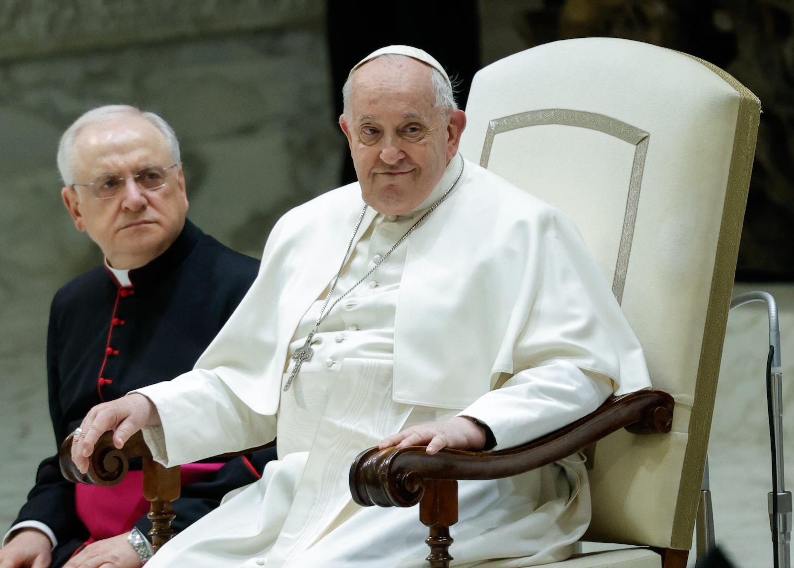 epa11186060 Pope Francis leads his weekly general audience in the Paul VI Hall, Vatican City, 28 February 2024.  EPA/GIUSEPPE LAMI