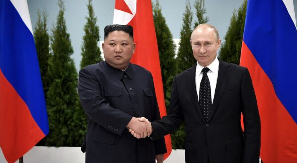 Russian President Vladimir Putin (R) meets with North Korea's leader Kim Jong Un in Vladivostok, Russia April 25, 2019. Sputnik/Alexei Nikolsky/Kremlin via REUTERS ATTENTION EDITORS - THIS IMAGE WAS PROVIDED BY A THIRD PARTY.