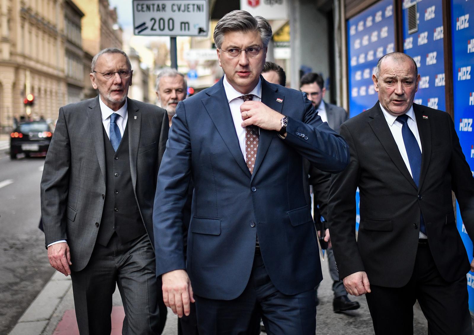 12.02.2024., Zagreb - Davor Bozinovic, Andrej Plenkovic i Tomo Medved dolaze na sastanak sireg Predsjednistva HDZ-a u srediste Gradskog odbora HDZ-a Grada Zagreba u Gundulicevoj ulici. Photo: Josip Regovic/PIXSELL