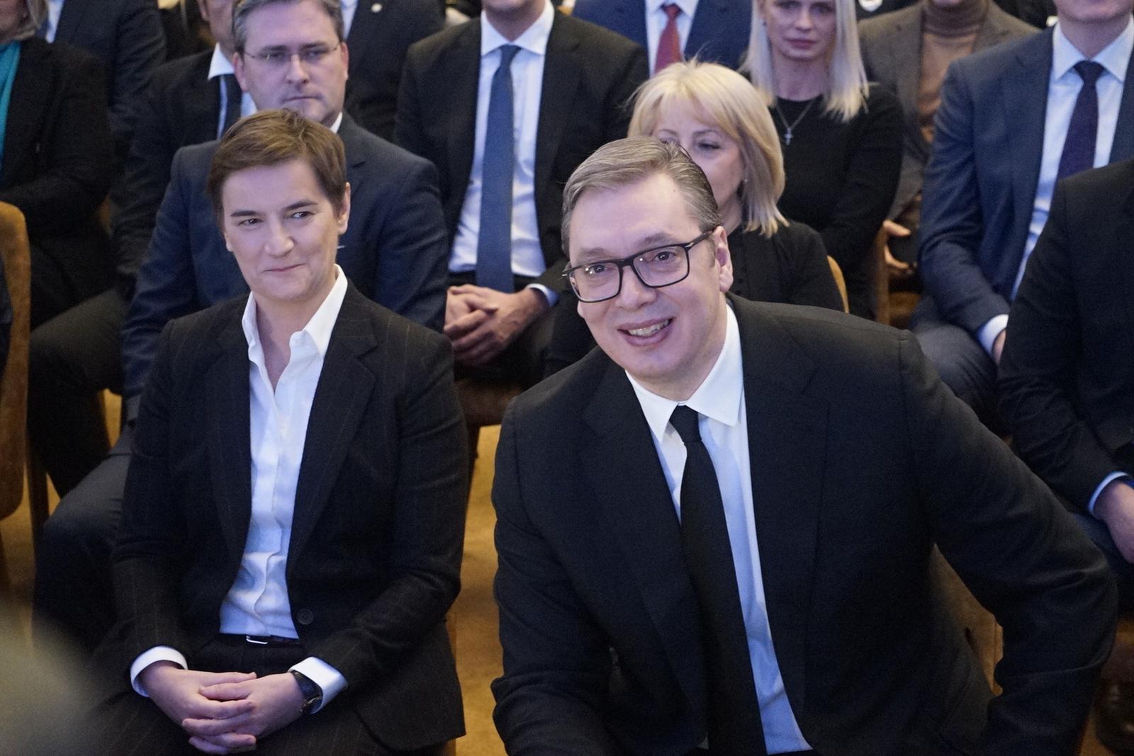 20, January, 2024, Belgrade - The President of the Republic of Serbia, Aleksandar Vucic, presented the "Leap into the Future - Serbia EXPO 2027" program for the period from 2024 to 2027 at the Palace of Serbia. Ana Brnabic, Aleksandar Vucic. Photo: M.M./ATAImages

20, januar, 2024, Beograd - Predsednik Republike Srbije Aleksandar Vucic je predstavio program "Skok u buducnost - Srbija EXPO 2027" za period od 2024. do 2027. godine u Palati Srbija. Photo: M.M./ATAImages  Photo: M.M./ATAImages/PIXSELL
