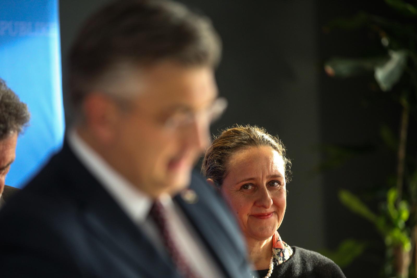 22.02.2024., Zagreb - Ministrica kulture i medija Nina Obuljen Korzinek tijekom konferencije za medije predsjednik Vlade RH Andreja Plenkovica nakon sjednice Vlade RH u Nacionalnoj i sveucilisnoj knjiznici. Photo: Zeljko Hladika/PIXSELL