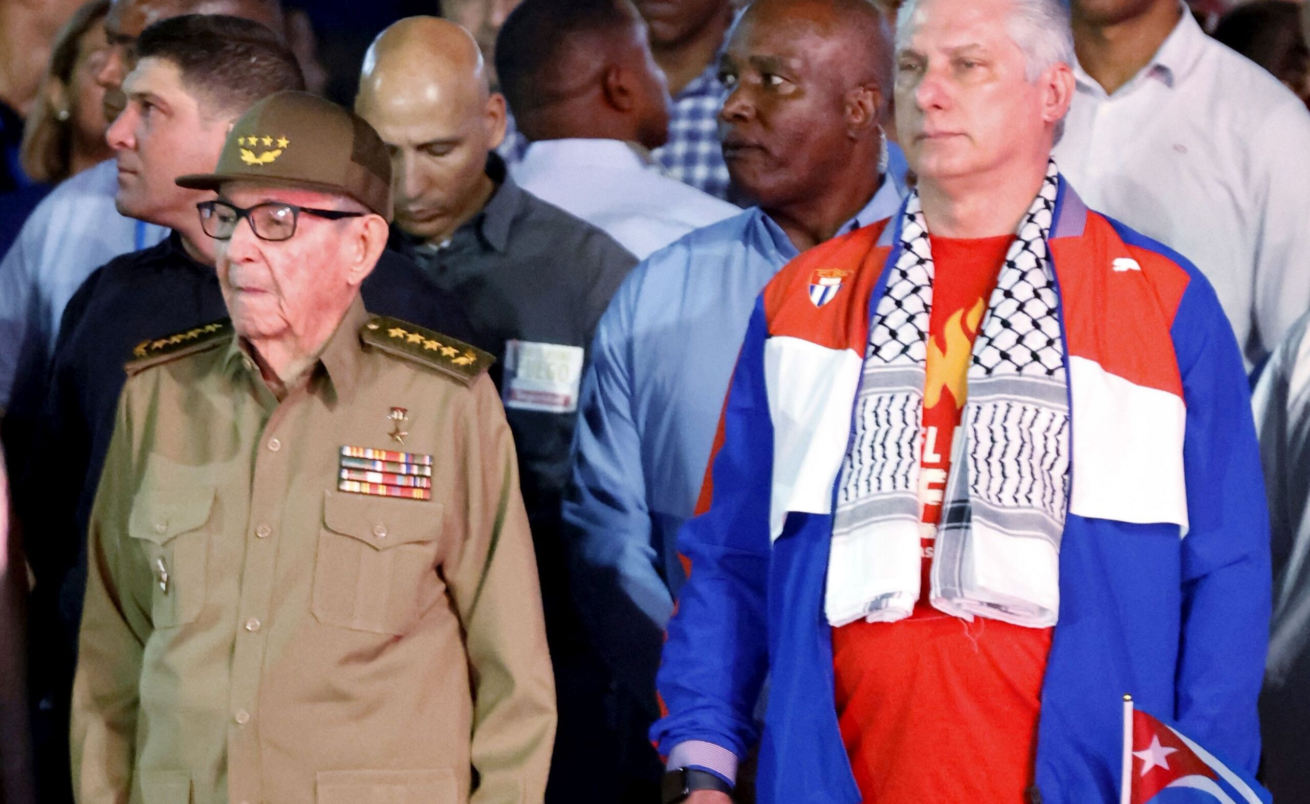 epa11109505 The president of Cuba, Miguel Díaz-Canel (R), and his predecessor, Raul Castro (L), lead the traditional march of the torches to commemorate the 171st anniversary of the birth of the national hero Jose Marti (1853-1895), in Havana, Cuba, 27 January 2024. The traditional night procession, in which several thousand young people participated, started after 8:00 p.m. local time (01:00 GMT, Sunday) on the steps of the University of Havana, in the heart of Havana, between Cuban flags and slogans in favor of the revolution and its leader, former president Fidel Castro.  EPA/Ernesto Mastrascusa