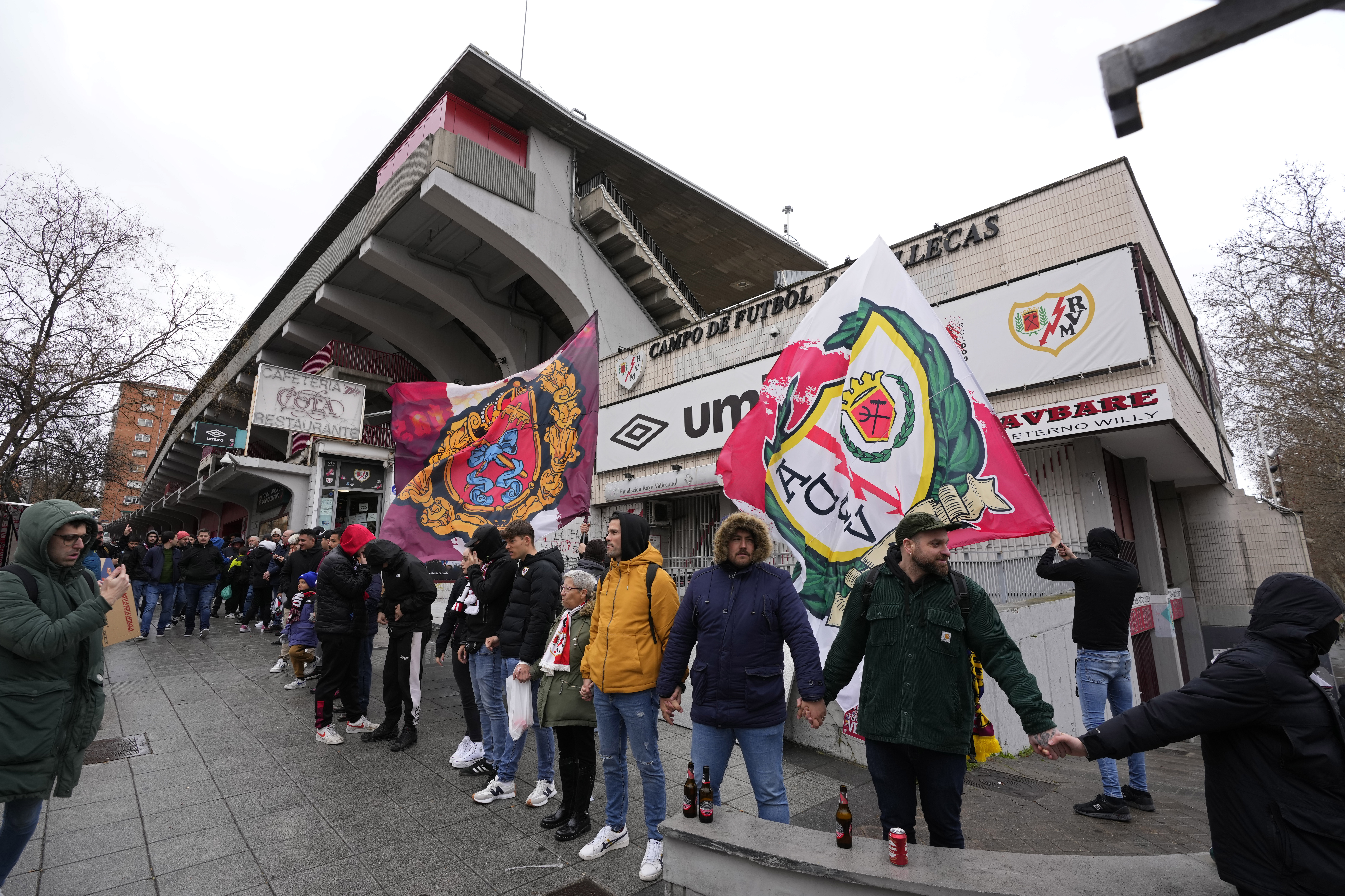 Rayo Vallecano supporters protest outside the Vallecas stadium in Madrid, Spain, Saturday, March 2, 2024. Rayo fans protested before their home La liga game against Cadiz over the possibility that their stadium, which some authorities say is obsolete, will be closed and another one built in different neighbourhood. (AP Photo/Paul White)