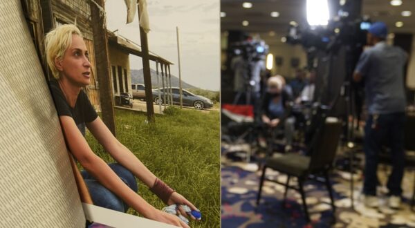 FILE- A photo of cinematographer Helyna Hutchins is displayed before a news conference by attorney Gary Dordick and his client Serge Svetnoy, chief of lighting on the "Rust' film set, to announce a lawsuit against Alec Baldwin and others, Wednesday, Nov. 10, 2021, in Beverly Hills, Calif. A jury convicted movie armorer Hannah Gutierrez-Reed of involuntary manslaughter Wednesday, March 6, 2024, in the fatal shooting of cinematographer Halyna Hutchins by actor Alec Baldwin during a rehearsal on the set of the Western movie “Rust.” Baldwin has been indicted on a charge of involuntary manslaughter and has pleaded not guilty ahead of a July trial date.  (AP Photo/Damian Dovarganes, File)