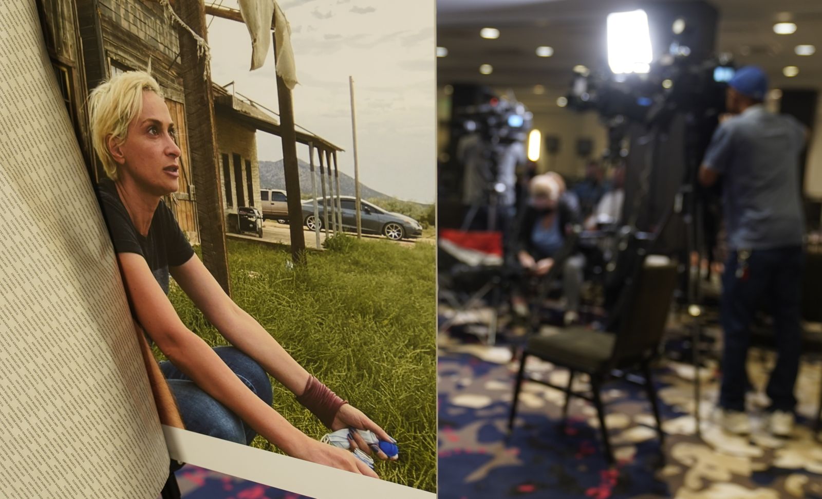 FILE- A photo of cinematographer Helyna Hutchins is displayed before a news conference by attorney Gary Dordick and his client Serge Svetnoy, chief of lighting on the "Rust' film set, to announce a lawsuit against Alec Baldwin and others, Wednesday, Nov. 10, 2021, in Beverly Hills, Calif. A jury convicted movie armorer Hannah Gutierrez-Reed of involuntary manslaughter Wednesday, March 6, 2024, in the fatal shooting of cinematographer Halyna Hutchins by actor Alec Baldwin during a rehearsal on the set of the Western movie “Rust.” Baldwin has been indicted on a charge of involuntary manslaughter and has pleaded not guilty ahead of a July trial date.  (AP Photo/Damian Dovarganes, File)
