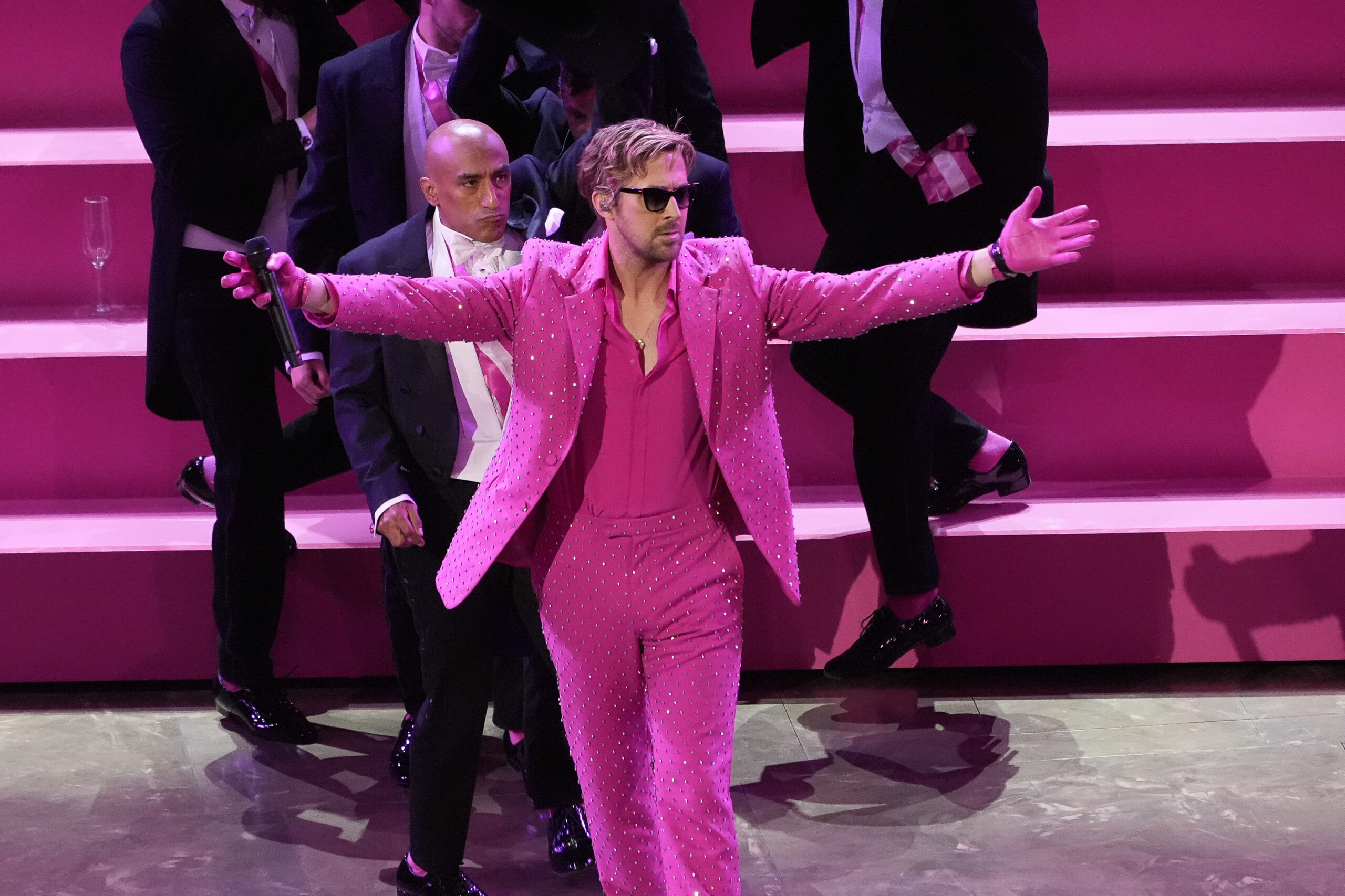 Ryan Gosling performs the song "I'm Just Ken" from the movie "Barbie" during the Oscars on Sunday, March 10, 2024, at the Dolby Theatre in Los Angeles. (AP Photo/Chris Pizzello)