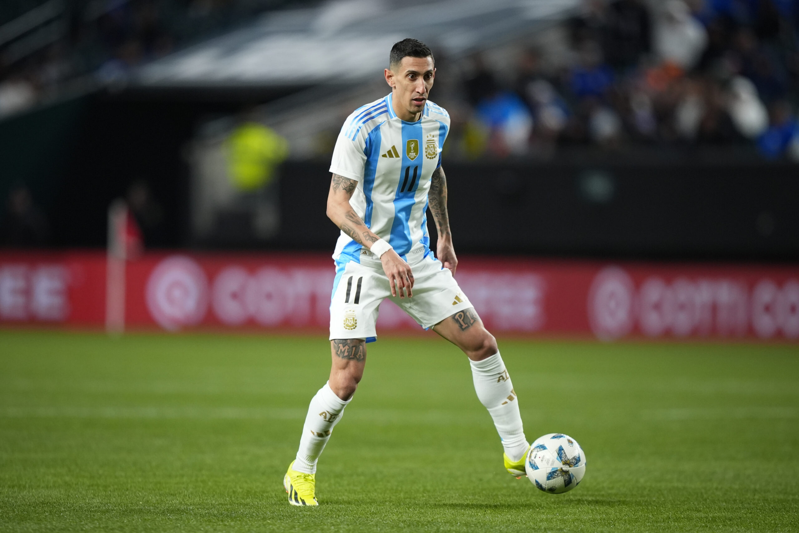 Argentina's Angel Di Maria plays during a friendly soccer match, Friday, March 22, 2024, in Philadelphia. (AP Photo/Matt Slocum)