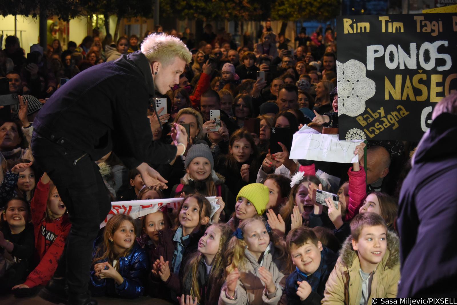 01.03.2024., Umag - Docek Marka Purisica poznatog kao Baby Lasagna nakon pobjede na Dori 2024 s pjesmom "Rim Tim Tagi Dim". Photo: Sasa Miljevic/PIXSELL