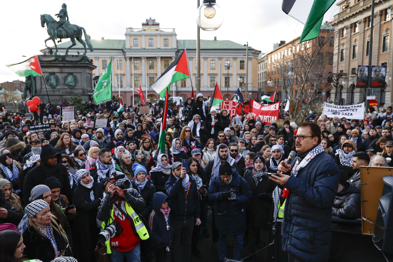 epa11160992 Protesters take part in a demonstration organized by 'Together for Palestine' demanding cease-fire in Gaza and to exclude Israel from the Eurovision Song Contest, in central Stockholm, Sweden, 17 February 2024. Thousands of Israelis and Palestinians have been killed since the militant group Hamas launched an unprecedented attack on Israel from the Gaza Strip on 07 October 2023, and the Israeli strikes on the Palestinian enclave  EPA/FREDERIK PERSSON SWEDEN OUT