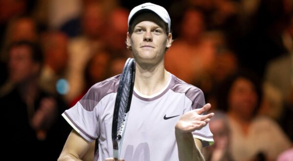 epa11162203 Jannik Sinner (ITA) after his match win against Tallon Greekpoor (NED) during the first semi final on the sixth day of the ABN AMRO Open tennis tournament at Ahoy indoor arena in Rotterdam, the Netherlands, 17 February 2024.  EPA/SANDER KONING