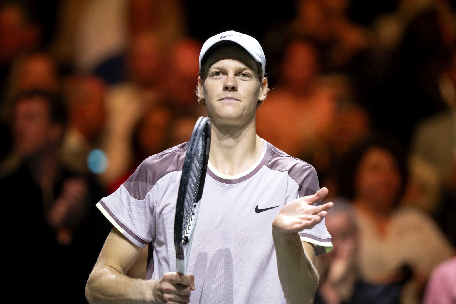 epa11162203 Jannik Sinner (ITA) after his match win against Tallon Greekpoor (NED) during the first semi final on the sixth day of the ABN AMRO Open tennis tournament at Ahoy indoor arena in Rotterdam, the Netherlands, 17 February 2024.  EPA/SANDER KONING