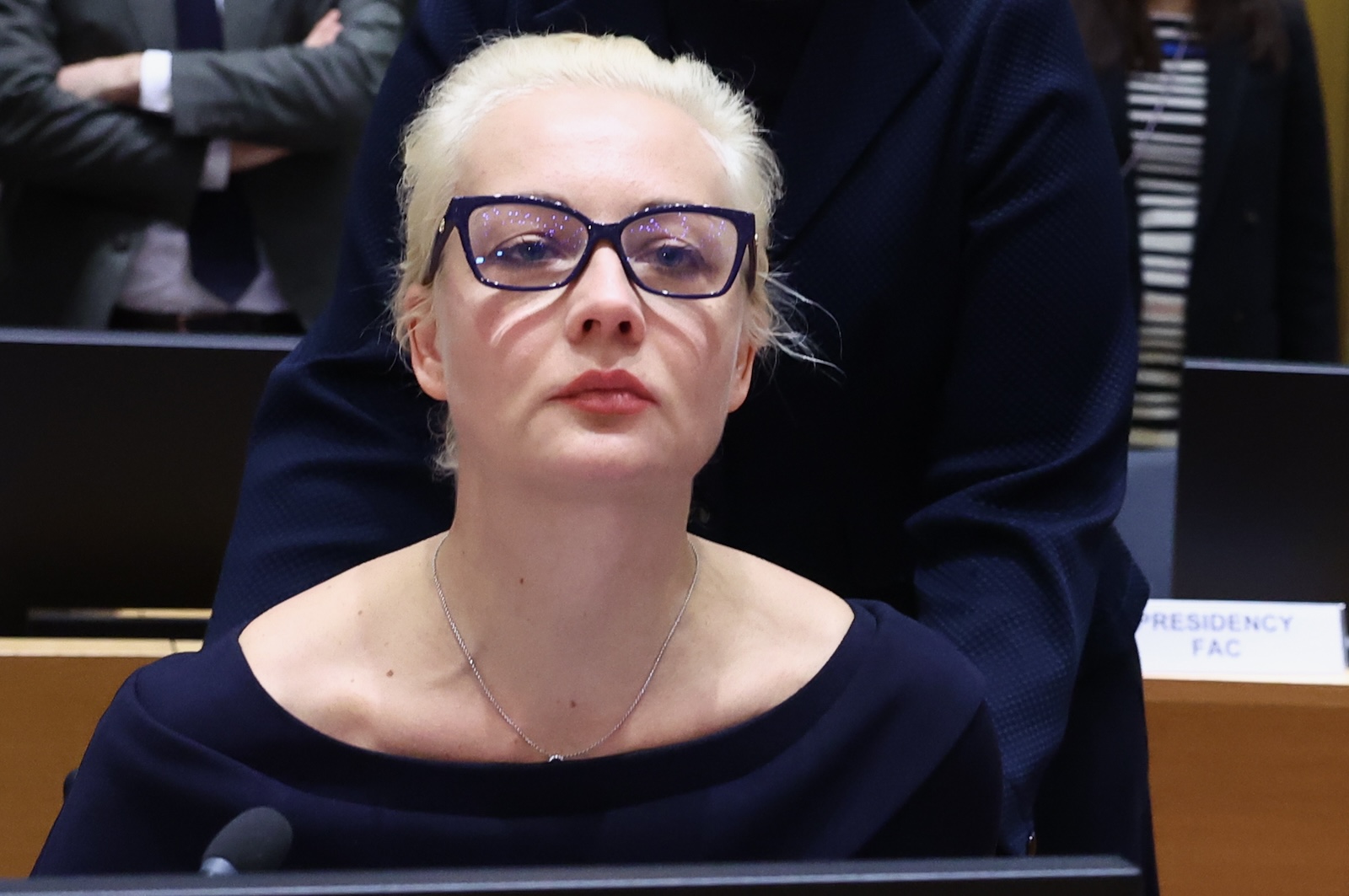 epa11166018 Yulia Navalnaya, the widow of Alexei Navalny, takes part in a meeting of European Union foreign ministers in Brussels, Belgium February 19, 2024.  EPA/YVES HERMAN / POOL