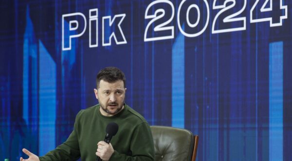 epa11180977 Ukrainian President Volodymyr Zelensky addresses the Forum 'Ukraine. Year 2024' in Kyiv, Ukraine, 25 February 2024. According to the Presidential Office, the main topics of the forum are the achievement of Ukrainian goals in the war, the development of the Ukrainian Defense and Security Forces, the operation of the Ukrainian defense-industrial complex, ensuring economic growth and Ukraineâ€™s integration into the world markets, the implementation of the Ukrainian Peace Formula, security commitments for Ukraine, and the protection of people.  EPA/SERGEY DOLZHENKO