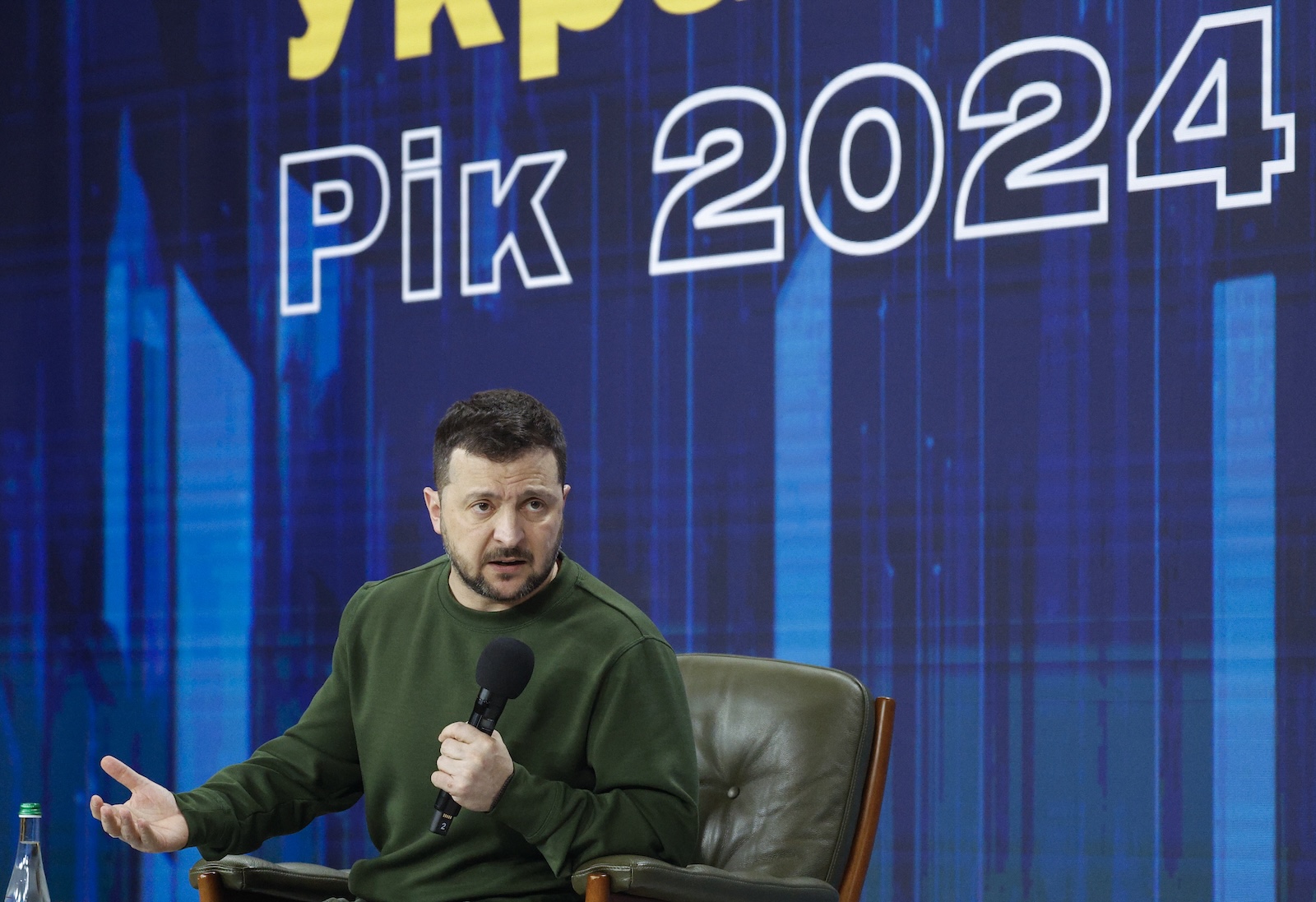 epa11180977 Ukrainian President Volodymyr Zelensky addresses the Forum 'Ukraine. Year 2024' in Kyiv, Ukraine, 25 February 2024. According to the Presidential Office, the main topics of the forum are the achievement of Ukrainian goals in the war, the development of the Ukrainian Defense and Security Forces, the operation of the Ukrainian defense-industrial complex, ensuring economic growth and Ukraineâ€™s integration into the world markets, the implementation of the Ukrainian Peace Formula, security commitments for Ukraine, and the protection of people.  EPA/SERGEY DOLZHENKO