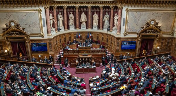 epa11186973 The hemicycle of the French Senate during a session of questions to the government in Paris, France, 28 February 2024. The upper chamber of the French parliament prepares a vote on a constitutional bill to enshrine women's right to voluntary termination of pregnancy in the constitution.  EPA/CHRISTOPHE PETIT TESSON