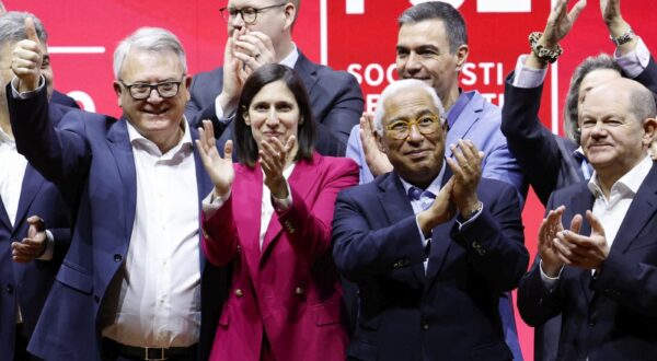 epa11193068 (L-R) European Commissioner for Jobs and Social Rights Nicolas Schmit, Leader of the Italian Democratic Party (PD) Elly Schlein, Spanish Prime Minister Pedro Sanchez, Portuguese Prime Minister Antonio Costa, and Chancellor of Germany Olaf Scholz attend the Party of European Socialists (PES) Election Congress, in Rome, Italy, 02 March 2024.  EPA/FABIO FRUSTACI