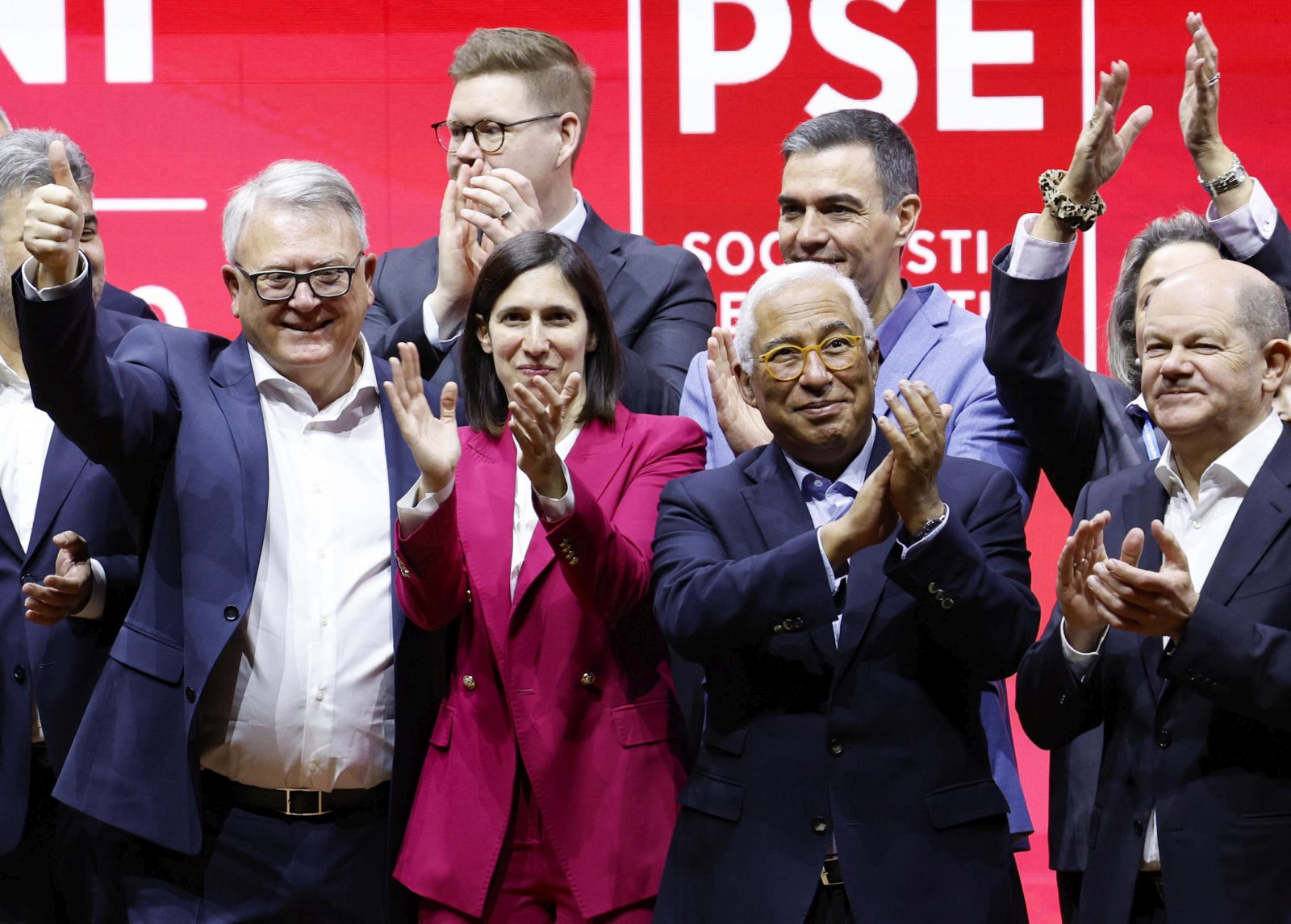 epa11193068 (L-R) European Commissioner for Jobs and Social Rights Nicolas Schmit, Leader of the Italian Democratic Party (PD) Elly Schlein, Spanish Prime Minister Pedro Sanchez, Portuguese Prime Minister Antonio Costa, and Chancellor of Germany Olaf Scholz attend the Party of European Socialists (PES) Election Congress, in Rome, Italy, 02 March 2024.  EPA/FABIO FRUSTACI