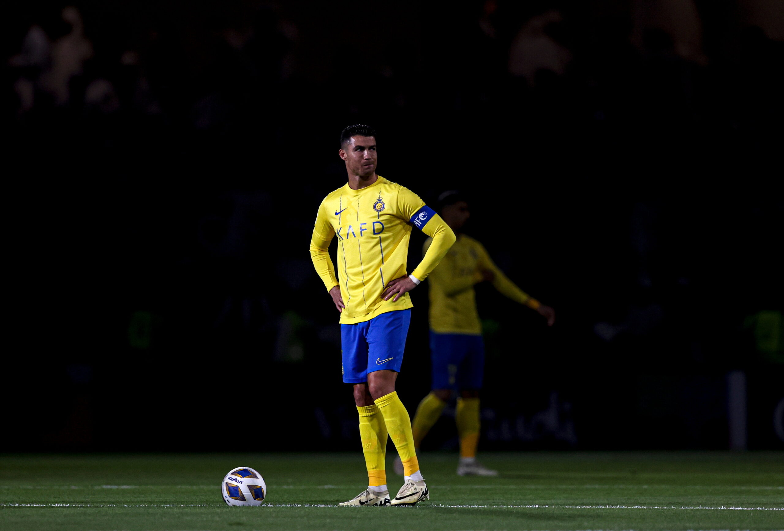 epa11199023 Cristiano Ronaldo of Al-Nassr reacts during the first leg quarter final of Asian Champions League between Al Ain and Al-Nassr in Al Ain, United Arab Emirates, 04 March 2024.  EPA/ALI HAIDER
