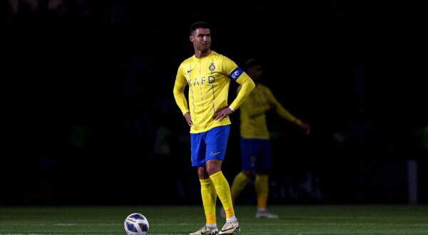 epa11199023 Cristiano Ronaldo of Al-Nassr reacts during the first leg quarter final of Asian Champions League between Al Ain and Al-Nassr in Al Ain, United Arab Emirates, 04 March 2024.  EPA/ALI HAIDER