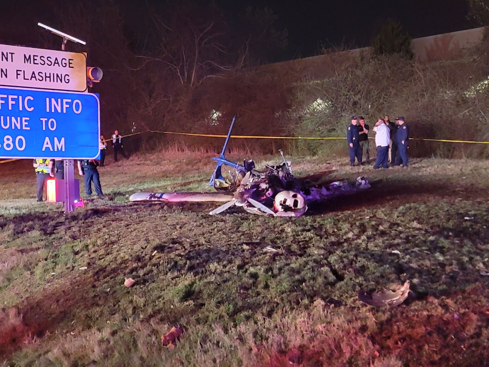 epa11199583 A handout photo made available by the Metropolitan Nashville Police Department (MNPD) shows debris at the site of a small plane crash alongside Interstate 40 in Nashville, Tennessee, USA, 04 March 2024. Five persons on board the airplane have died in the crash on the side of the eastbound lanes of Interstate 40, police said. There were no reports of injuries to drivers on the interstate, the Nashville Fire Department said. Authorities are investigating the cause of the accident.  EPA/METROPOLITAN NASHVILLE POLICE DEPARTMENT HANDOUT -- BEST QUALITY AVAILABLE -- HANDOUT EDITORIAL USE ONLY/NO SALES HANDOUT EDITORIAL USE ONLY/NO SALES